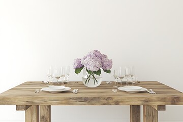 Canvas Print - Rustic Wooden Dining Table with Hydrangea Centerpiece