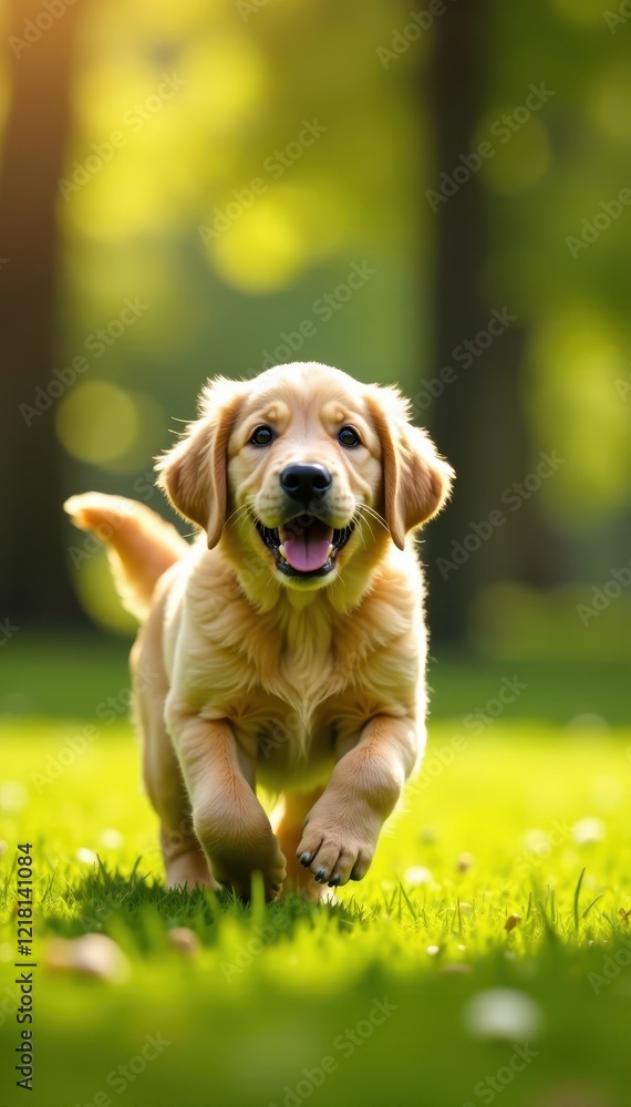 Golden retriever puppy playing fetch in sun-drenched park, happy dog ...