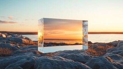 Wall Mural - glass cube reflecting sunset over coastal rocks