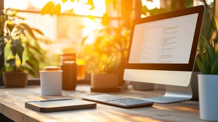 Sunlit coder's desk, plants, code, window, home office, work