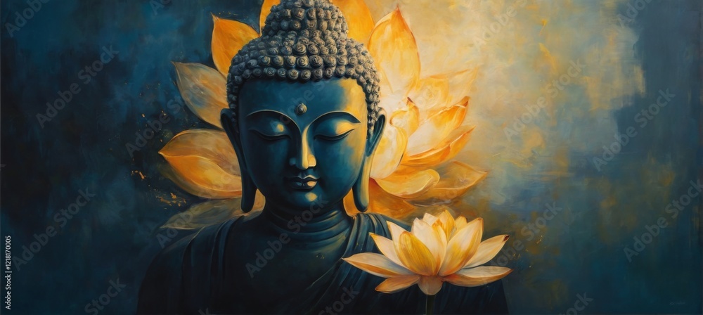 Buddha Statue with Lotus Flower in Meditative Pose on Moody Blue ...