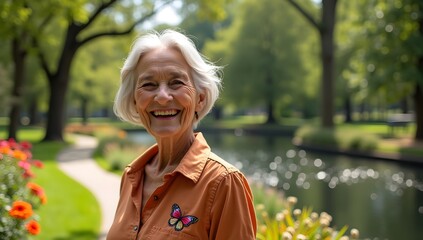 Senior woman smiling outdoors in a park during autumn