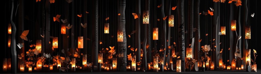 Magical forest lanterns & butterflies. Fantasy background. Website design