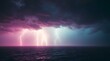 © Somrit.S - A dramatic storm cloudscape at sunset, with vibrant lightning illuminating the dark ocean and a fleeting rainbow promising hope amidst the chaos of nature