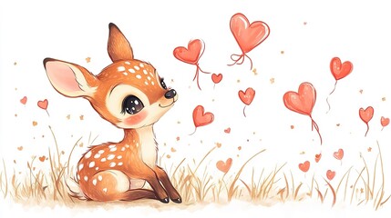 Wall Mural - Cute cartoon deer showcasing love with a red heart, perfectly isolated on a clean background