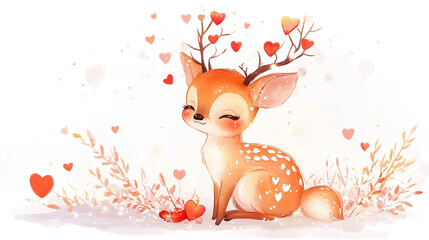 Wall Mural - Cute cartoon deer holding a red heart, radiating love, isolated on a white background