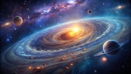 Wall Mural - a majestic cosmic panorama celestial bodies orbiting a spiral galaxy with a bright central star and 