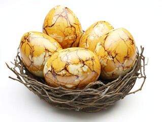 Five yellow-brown marbled eggs in a rustic bird nest on white.