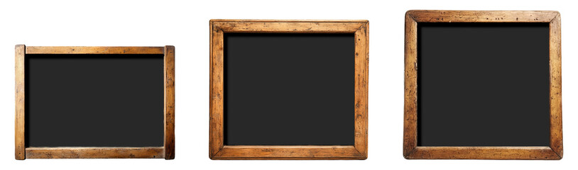 Three rustic wooden frames isolated on a transparent background for design
