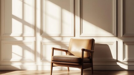 Wall Mural - midcentury modern leather armchair bathed in natural window light casting geometric shadows across minimalist white paneled walls