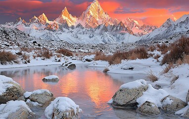 Canvas Print - Majestic snow-capped mountains reflecting in a frozen lake at sunrise.