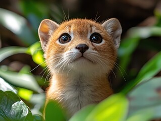 Wall Mural - Adorable Orange Kitten Peeking Through Lush Green Foliage with Wide Eyes and Whiskers