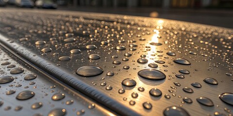 Poster - A car with raindrops on its hood