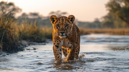 Wall Mural - A young leopard cub wading through a shallow river at sunset with soft lighting