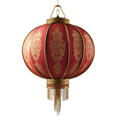 A stunning red and gold Chinese lantern with intricate details hangs against a black background.