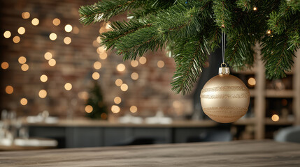 Wall Mural - close up of golden Christmas ornament hanging from tree branch, creating festive atmosphere