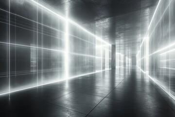 Poster - A futuristic corridor illuminated by bright neon lights, showcasing a modern architectural design with reflective surfaces and geometric lines.