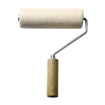 a white and tan paint roller with a wooden handle cut out