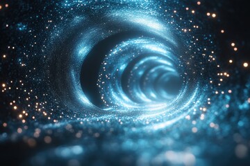 Poster - A mesmerizing illustration of a cosmic tunnel filled with swirling blue light and sparkling stars, evoking the mysteries of the universe.