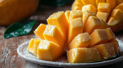 Juicy mango slices on plate, close-up. Food photography for recipes