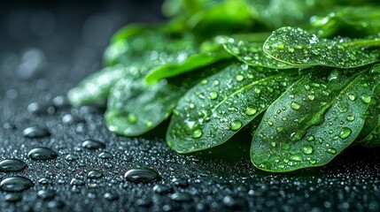 Fresh spinach leaves with water drops, dark background, healthy food