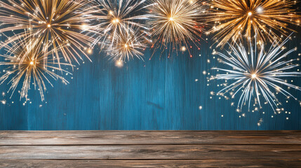 Sticker - Bright fireworks bursting in night sky over wooden surface