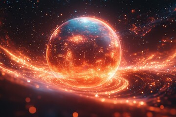 Leinwandbilder - A stunning visualization of a glowing cosmic sphere surrounded by swirling energy and vibrant particles, capturing the beauty of the universe.
