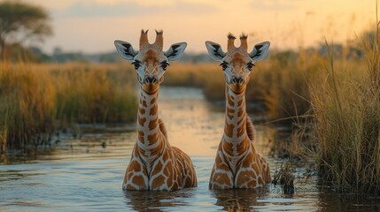 Wall Mural - Two young giraffes wading in a shallow body of water at sunset, surrounded by tall grasses