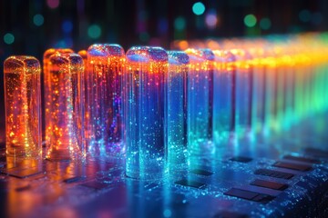 Poster - A vibrant, colorful display of illuminated glass tubes filled with sparkling liquid, showcasing modern technology and innovation in a captivating manner.