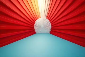 Fototapete - A vibrant and dynamic abstract background featuring bold red and white elements creating a sun-like shape against a soft blue base.