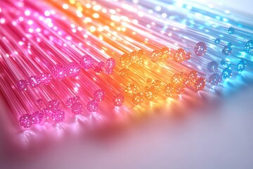 Poster - A vibrant close-up of colorful fiber optic cables, showcasing glowing light patterns. Perfect for visualizing connectivity and modern communication.
