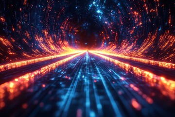 Leinwandbilder - A vibrant digital tunnel with glowing blue and orange lights illuminating the path, suggesting a journey through advanced technology and innovation.