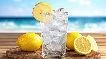 Wall Mural - Refreshing lemonade served in tall glass with ice and lemon slices