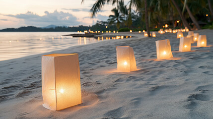 Sticker - serene beach scene with glowing lanterns illuminating sand at dusk