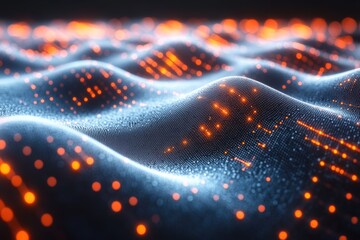 Leinwandbilder - An abstract representation of digital waves, illuminated by glowing orange and blue dots, symbolizing data flow and connectivity in modern technology.
