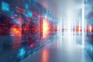 Poster - Futuristic digital corridor with vibrant data streams and glowing interfaces. A representation of advanced technology merging with modern architecture.