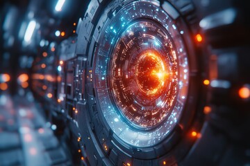 Poster - Futuristic technology featuring an intricate circular design, glowing lights, and a dynamic energy core, ideal for sci-fi and innovation themes.