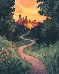 Wall Mural - dream goal and plan strategy journey concepts, serene pathway through forest leading to vibrant city