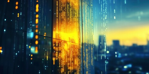 Digital Rain: A mesmerizing cascade of digital code streaks down a skyscraper window, reflecting the vibrant cityscape and a stunning sunset beyond.  