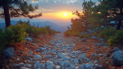 Canvas Print - Sunset view from mountain trail.