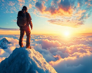 Canvas Print - Hiker on snowy peak at sunset, overlooking clouds.