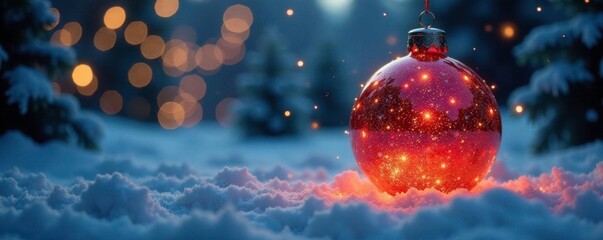 Wall Mural - Glittering orb suspended above snowy landscape, Christmas lights, festive scene, warm glow