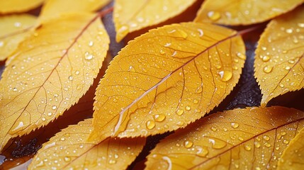 Poster - Close-up of yellow leaves with raindrops on surface