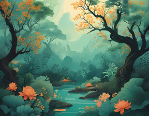 Poster - Tranquil Forest Stream with Lotus Flowers