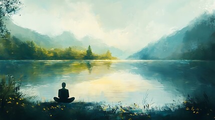  A person meditating by a tranquil lake, embodying gratitude and humility