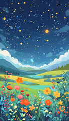 Poster - Night sky over a meadow with flowers