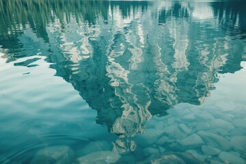 Wall Mural - Serene mountain reflection in crystal-clear lake water surrounded by lush greenery and tranquility