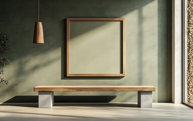 Canvas Print - A large wooden frame on a muted olive-green wall, a concrete console table with a smooth matte finish placed below, a minimalist Japandi-style interior, featuring warm daylight, a 3D render