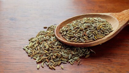 Wall Mural - Fennel seeds in a wooden spoon, close-up.