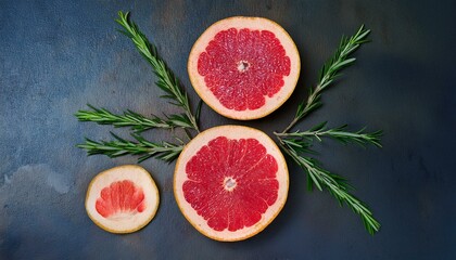 Wall Mural - Two juicy grapefruit halves and rosemary sprigs on a dark background.